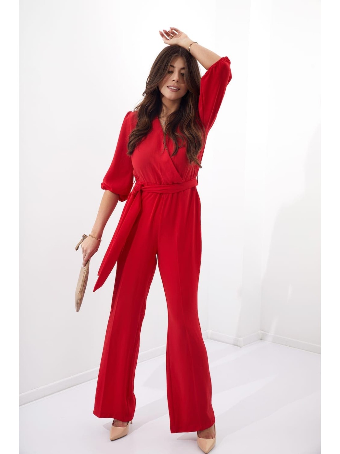 Jumpsuit with a crossover neckline, red 45272 - Online store - Boutique